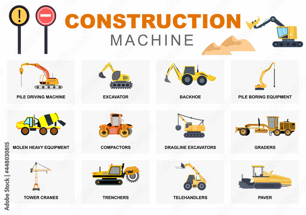 Set Construction Machine of Real Estate Vector illustration. There Are Various Types Of Truck, Heavy Equipment Car, Road Signs And Machinery