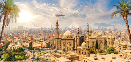 Mosque-Madrasa of Sultan Hassan behind the palm trees, Cairo, Egypt