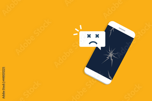 Broken smartphone with sad smile. Broken phone service, recovery and repair concept.	