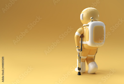 3D Render Astronaut Disabled Using Crutches To Walk 3D Illustration Design.