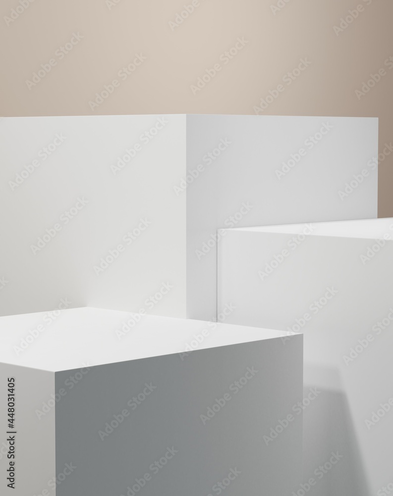 Podium in the form of three cubes for items, products, goods for use in advertising over beige background