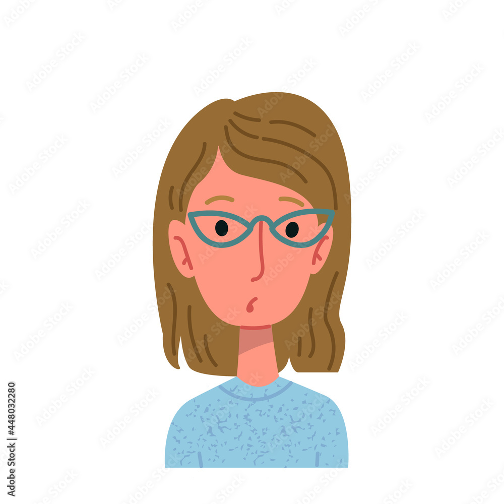 Girl with glasses and sweater portrait. Avatar of a serious woman, teacher or lawyer. Vector illustration of flat isolate. Girl with glasses and sweater portrait. Avatar of a serious woman, teacher or lawyer. Vector illustration of flat isolate.