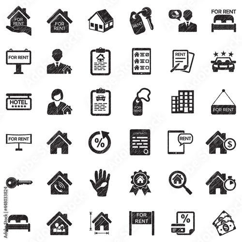 Rental Icons. Black Scribble Design. Vector Illustration.