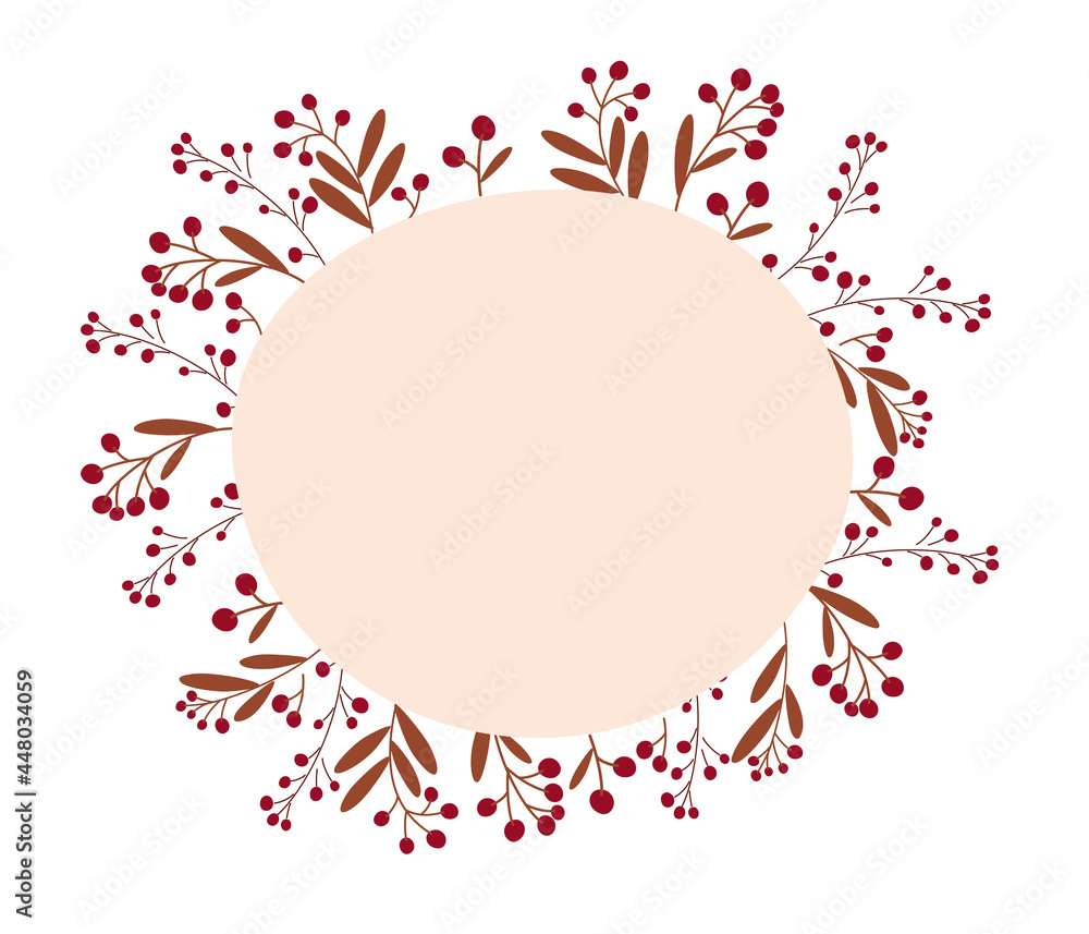 Round frame with autumn berries. Floral frame in warm shades. Place for your text. Poster with ornament. Vector autumn illustration for decoration. Round frame with autumn berries. Floral frame in warm shades. Place for your text. Poster with ornament. Vector autumn illustration for decoration.