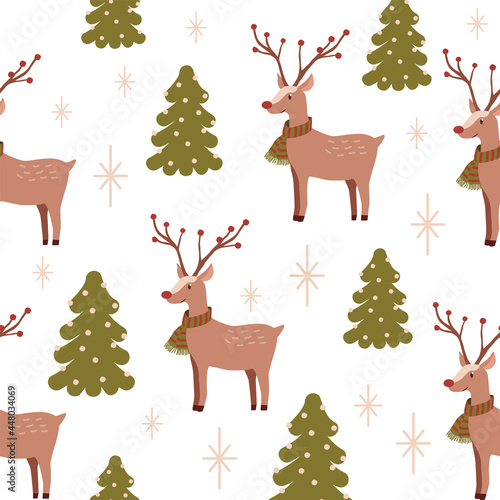 Christmas seamless pattern of reindeer and tree for fabric, linen, textile and wallpaper