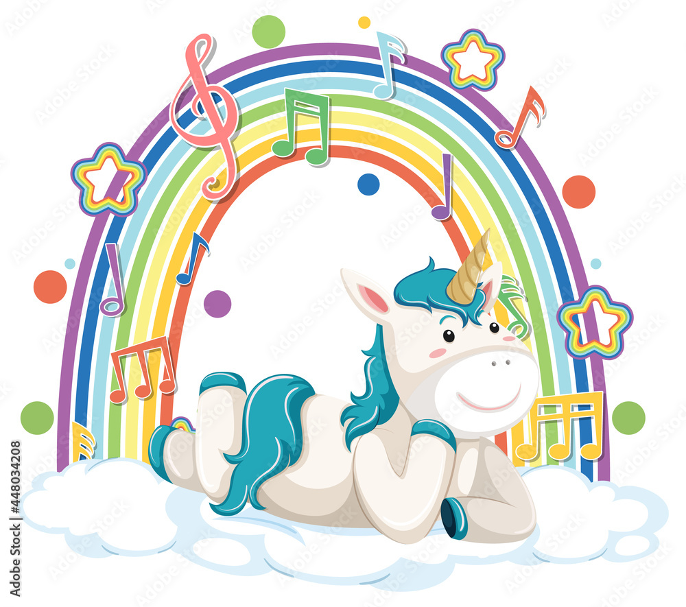 Unicorn laying on cloud with rainbow and melody symbol Unicorn laying on cloud with rainbow and melody symbol