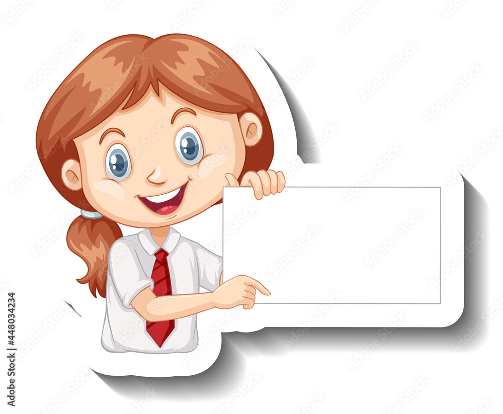 Student girl holding empty board cartoon sticker Student girl holding empty board cartoon sticker