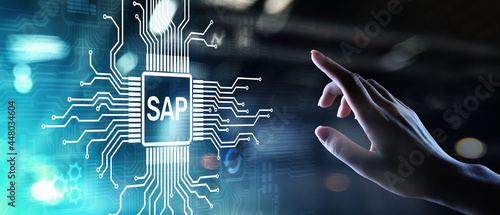 SAP - Business process automation software. ERP enterprise resources planning system concept on virtual screen.