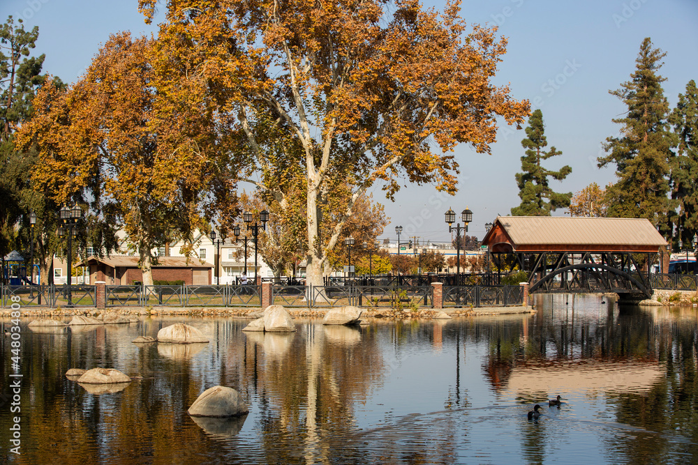 Afternoon autumn view of a public park in downtown Bakersfield, California, USA. Afternoon autumn view of a public park in downtown Bakersfield, California, USA.