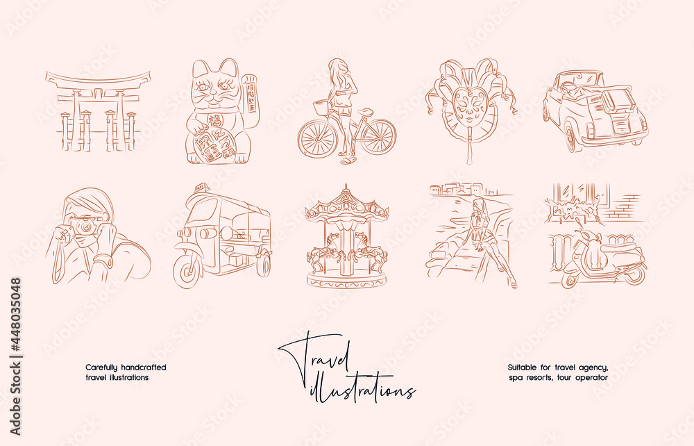 Hand drawn line art minimal travel vector illustration collection. Illustration of elegant signs and badges for travel agency, photoraphers, travel bloggers.