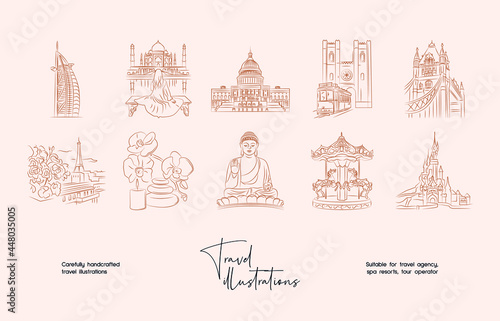 Hand drawn line art minimal travel vector illustration collection. Illustration of elegant signs and badges for travel agency, photoraphers, travel bloggers.