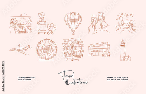 Hand drawn line art minimal travel vector illustration collection. Illustration of elegant signs and badges for travel agency, photoraphers, travel bloggers.