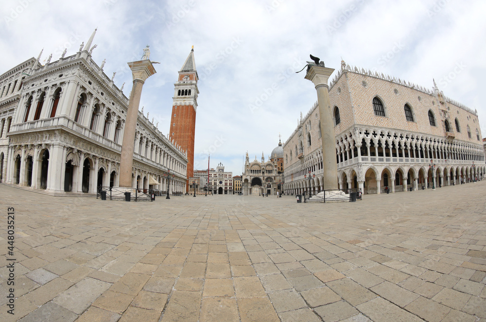 VENICE with the Doges Palace The Campanile with very few people during the lockdown photographed with Fisheye Lens