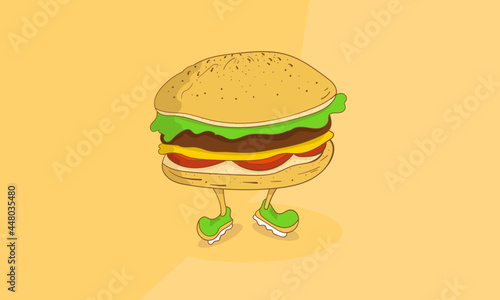Walking burger with sneakers shoes salad cheese and tomatos cartoon illustration