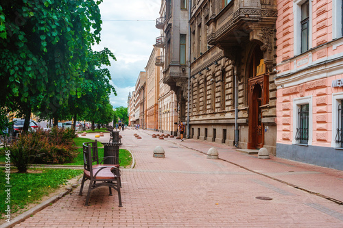 View of the facades of historical buildings on the street in the city center in summer. Saint Petersburg  Russia - 13 June 2021