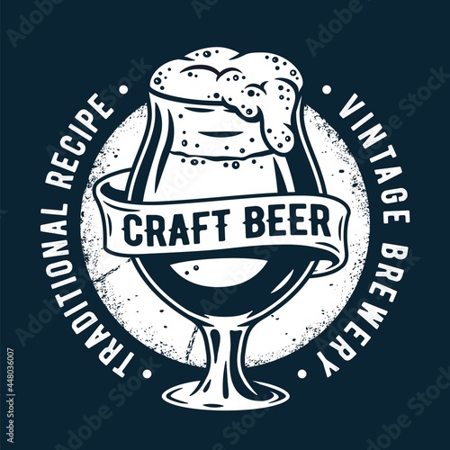 Mug for craft beer brewery. Beer bar glass with foam for label of factory. Pint and stout ipa with bubble froth for pub
