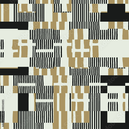 Abstract art geometric  background with beige black collage stripes and teals. Ink texture on paper seamless patten design 