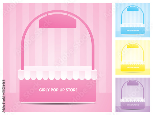 girly pop up store with arch and hang sign 3d illustration vector collection on pastel striped wall scene
