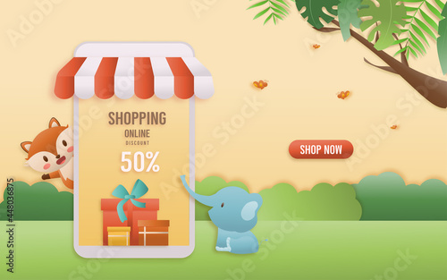 Online shop banners discount jungle animals Birthday Theme. Celebration voucher Happy birthday. decorating with gift box, fox and elephant paper cut, and papercraft style vector illustrator.	
