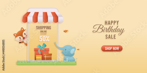 Online shop banners discount jungle animals Birthday Theme. Celebration voucher Happy birthday. decorating with gift box, fox and elephant paper cut, and papercraft style vector illustrator.