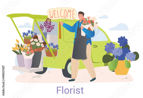 Florist with bouquets of cut and potted flowers displayed on car or small delivery vehicle with speech bubble - Welcome - colored vector illustration on white