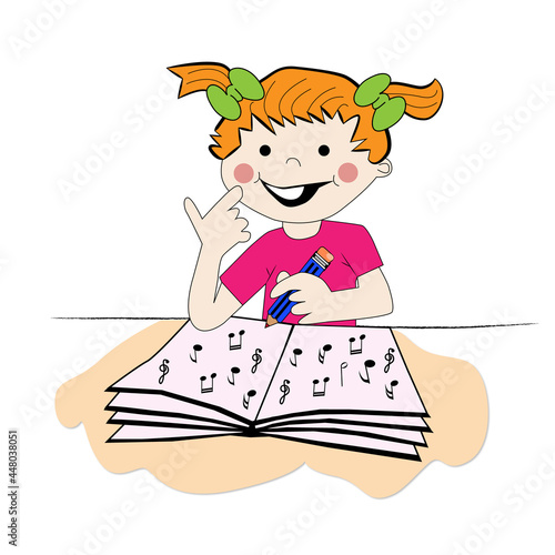 Niña estudiando con un libro de música.