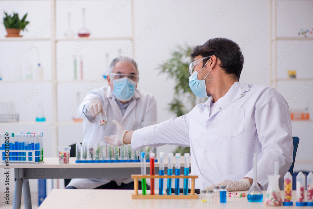 Two male chemists in drugs synthesis concept at the lab Two male chemists in drugs synthesis concept at the lab