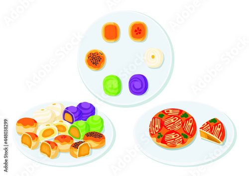 chinese moon cake with sweet mung bean in the plate and salted egg. Moon cake or Chinese pastry filled with mung bean paste and salted egg on white background.on white background illustration vector