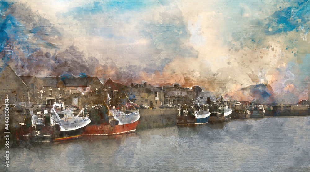 Digital watercolor painting of magnificent landscape image view of Fishing boats in the town of Howth, a fishing village of Dublin. Ireland.