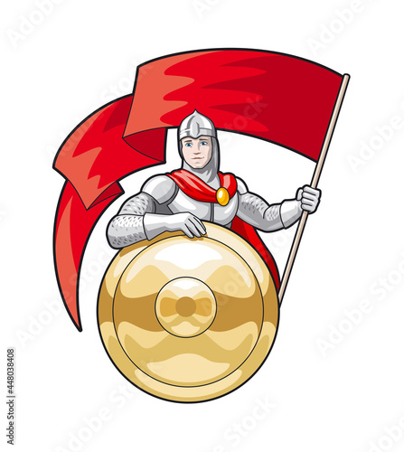 Knight with a flag in his hand and a gold shield 