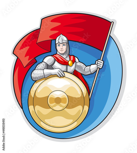 Knight with a flag in his hand and a gold shield on background