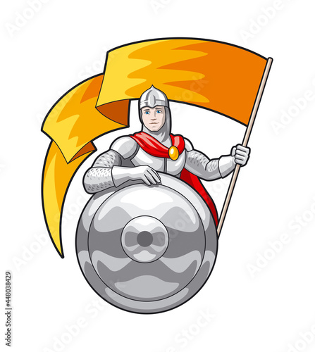 Knight with a flag in his hand and a shield 