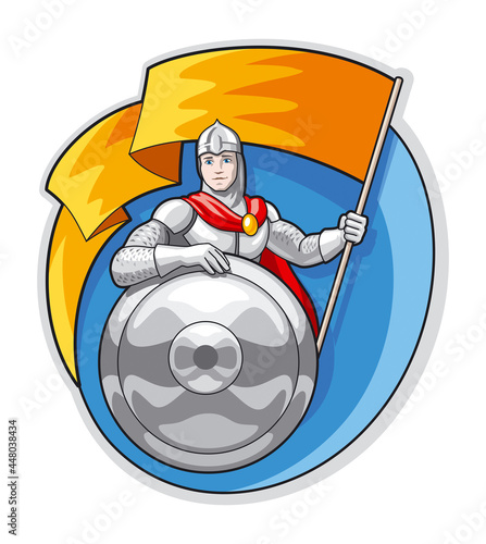 Knight with a flag in his hand and a shield on background