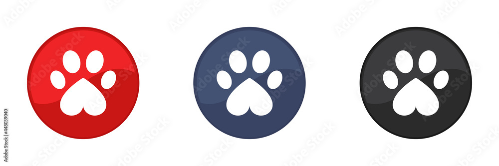 Paw print icons set. Animal footprints logo. Cat paw print. Flat design. Vector illustration. Paw print icons set. Animal footprints logo. Cat paw print. Flat design. Vector illustration.