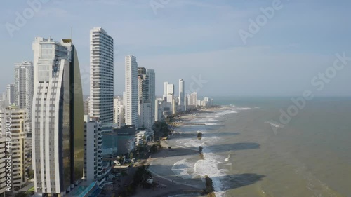 Aerial Descending Shot Above Cartagena Public Beaches. Colombian Coastal City photo