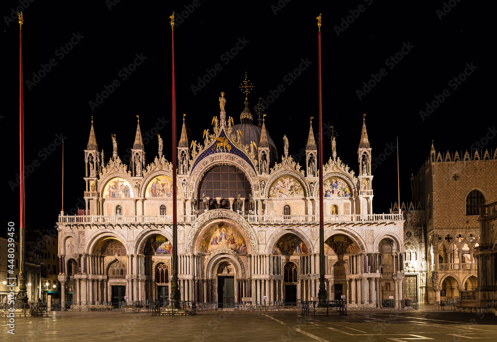 View of the cathedral of San Marco in the Piazza San Marco in Venice at night. Italy