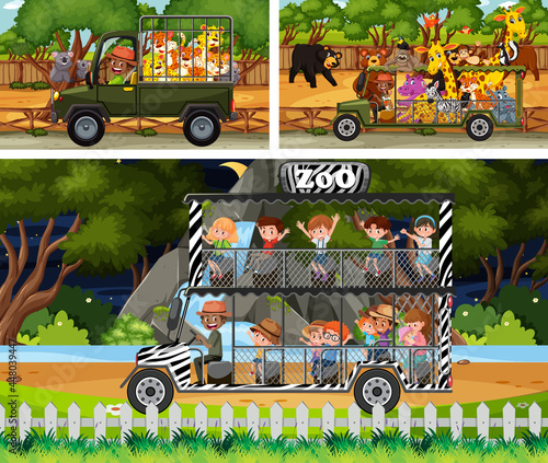 Different safari scenes with animals and kids cartoon character
