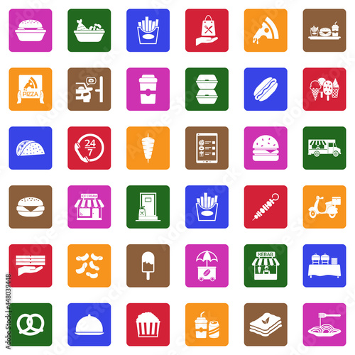 Take Away Icons. White Flat Design In Square. Vector Illustration.