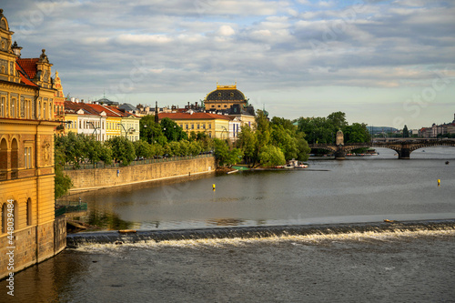 Historical building, National theatre and river Vltava, Prague.