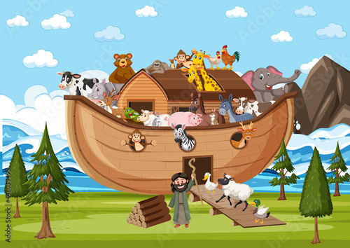 Animals on Noah's ark in the ocean scene