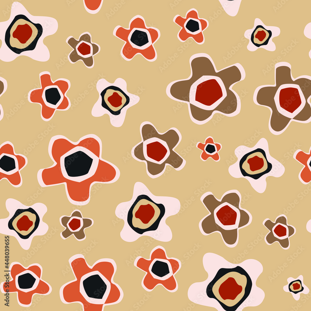 Fototapeta premium Vector 70's inspired pattern. Flowers on a beige background. Great for fabric, giftwrap, scrapbooking, packaging