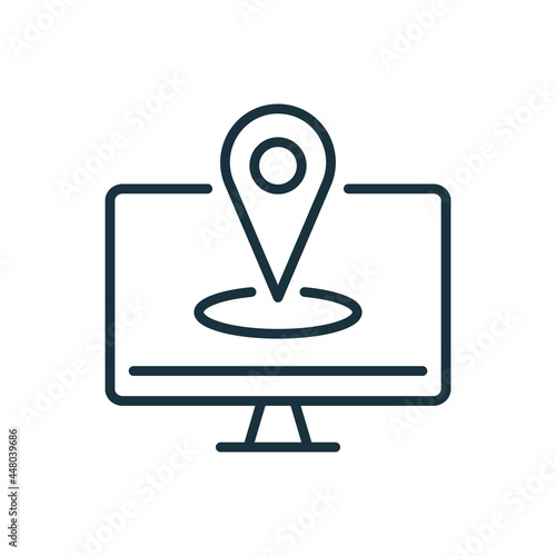 Computer Navigation Line Icon. IP Address Linear Pictogram. GPS Pin and Computer Monitor Outline Icon. Concept of Geolocation and Navigation. Editable Stroke. Isolated Vector Illustration