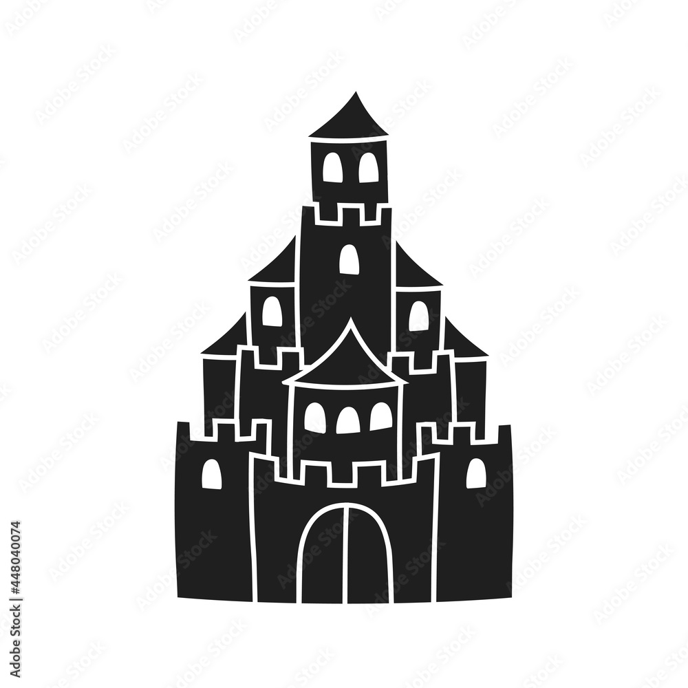 Fairytale castle. Black silhouette. Design element. Vector illustration isolated on white background. Template for books, stickers, posters, cards, clothes.