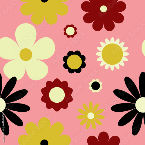 Vector 70's inspired pattern. Flowers on a pink background. Great for fabric, giftwrap, scrapbooking, packaging