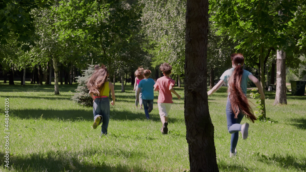 Rear view of group of active teen kids having race in park, running on grass together. Rear view of group of active teen kids having race in park, running on grass together.