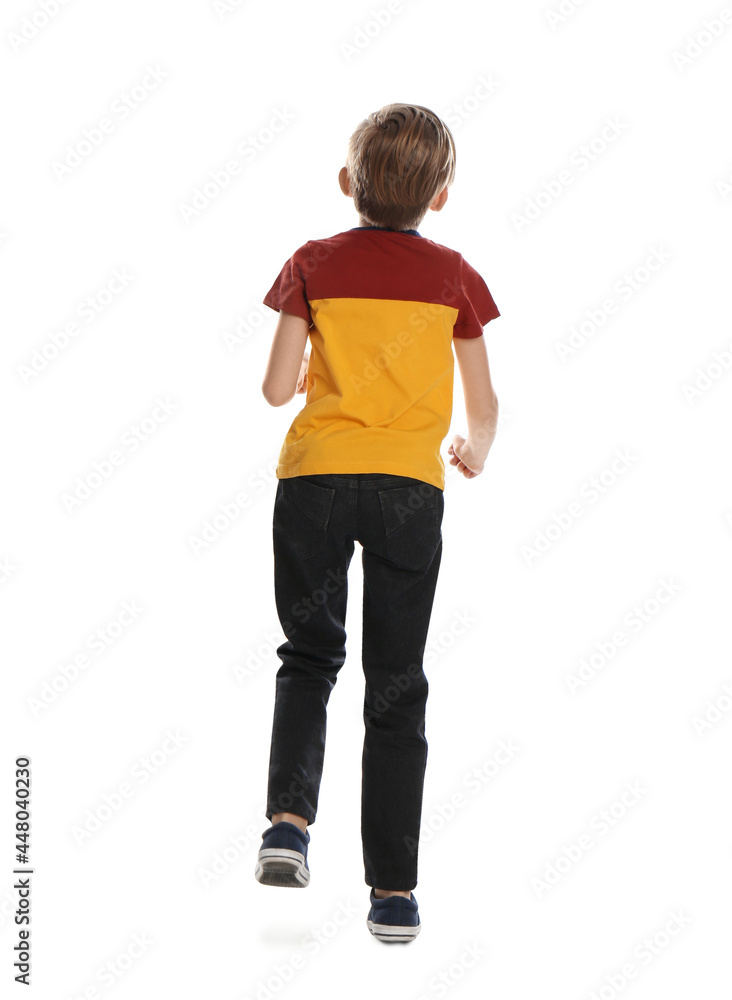 Little boy running on white background, back view Little boy running on white background, back view