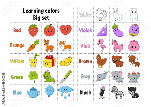 Learning colors. Education developing worksheet. Activity page with pictures. Game for children. Isolated vector illustration. Funny character. Coon style.