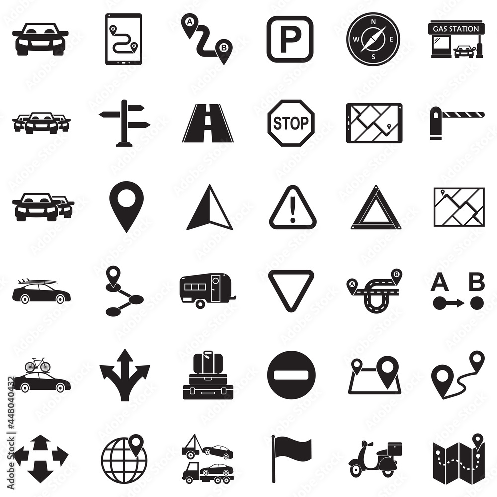 Road Trip icons. Black Flat Design. Vector Illustration.