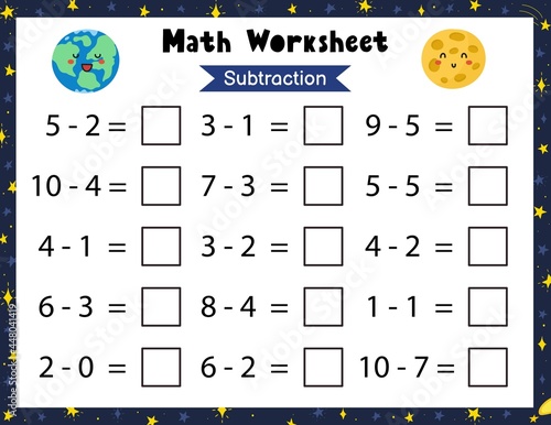 Math worksheet for kids. Subtraction. Space mathematic activity page with cute aliens. Calculate and write the result template. Vector illustration