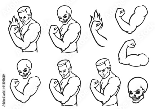 Male bodybuilder flexing his biceps. Outline silhouette. Design element. Vector illustration isolated on white background. Template for books, stickers, posters, cards, clothes.